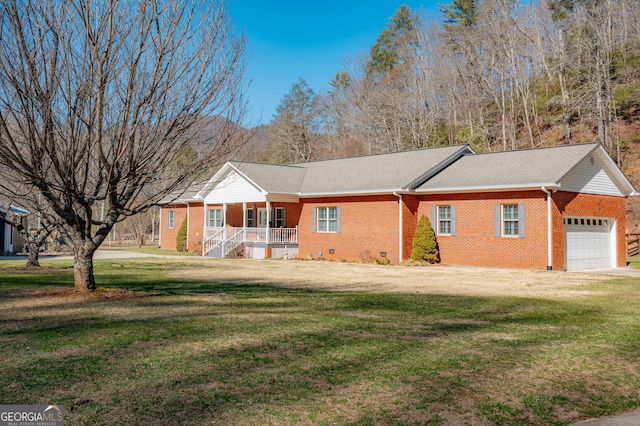1631 Moody Holw, Hiawassee, GA 30546 - ranch-style house featuring covered porch, brick siding, a front yard, and a garage