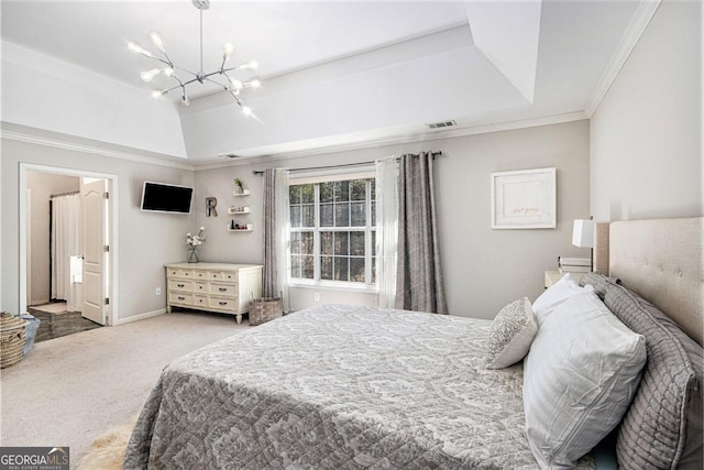bedroom featuring carpet floors, ornamental molding, a raised ceiling, and a chandelier