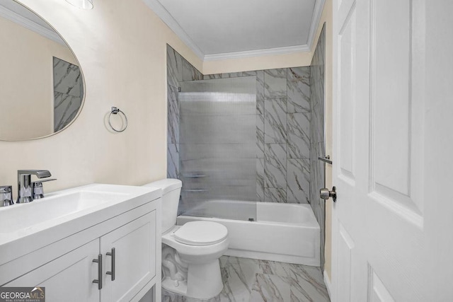 8443 Park Ridge Ln, Riverdale, GA 30274 - full bathroom with marble finish floor, ornamental molding, toilet, vanity, and shower / bathtub combination