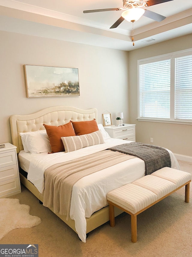5745 Pickens Garden Ln, Powder Springs, GA 30127 - bedroom with light colored carpet and a ceiling fan