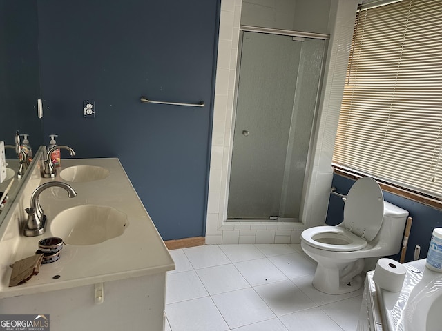 78 Ramblin Rose Ln, Rabun Gap, GA 30568 - bathroom with tile patterned flooring, a shower stall, double vanity, and toilet