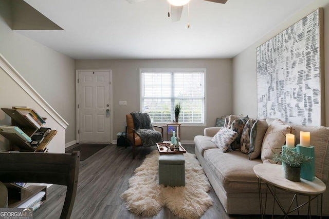 413 W I Pkwy, Dallas, GA 30132 - living room featuring a ceiling fan, baseboards, and wood finished floors