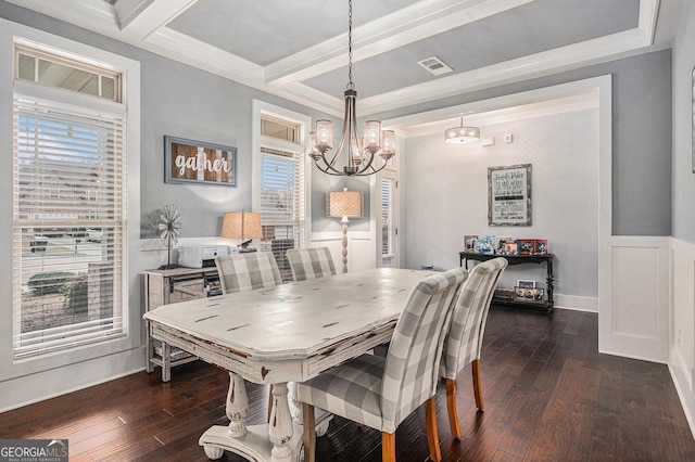2129 Apalachee Trl, Monroe, GA 30656 - dining area with a chandelier, dark wood finished floors, healthy amount of natural light, beam ceiling, and crown molding