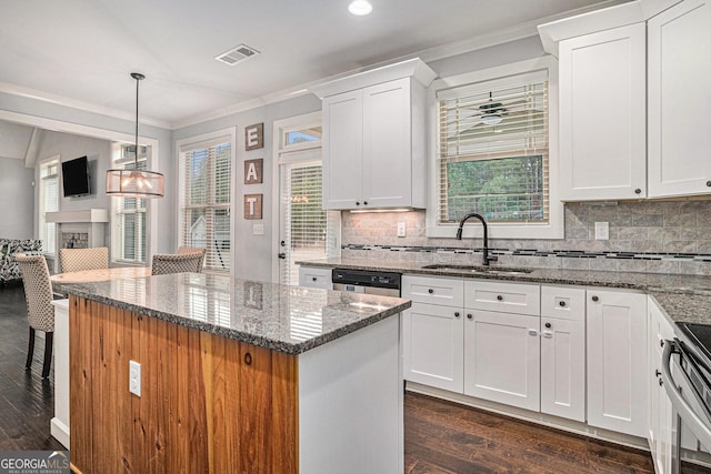 2129 Apalachee Trl, Monroe, GA 30656 - kitchen with a sink, crown molding, dark wood finished floors, appliances with stainless steel finishes, and a center island