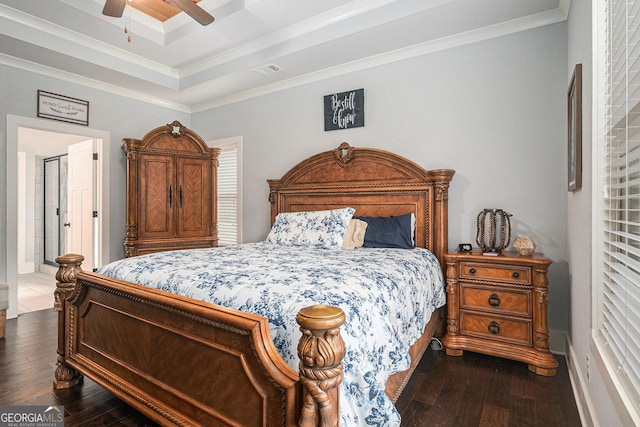 2129 Apalachee Trl, Monroe, GA 30656 - bedroom featuring dark wood finished floors, ornamental molding, and a ceiling fan