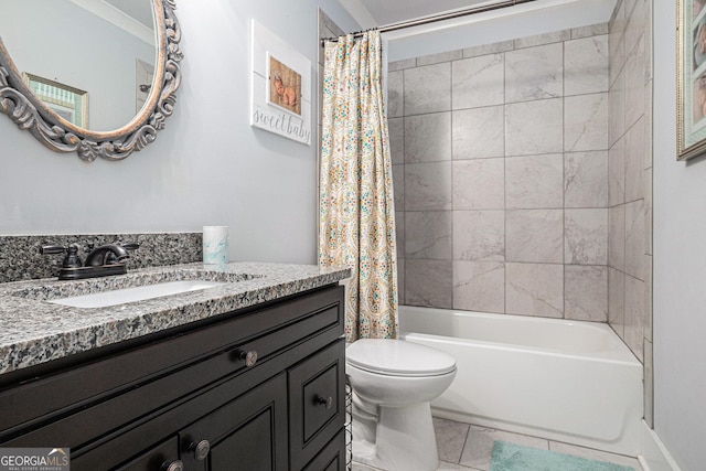 2129 Apalachee Trl, Monroe, GA 30656 - bathroom featuring toilet, vanity, shower / bath combo with shower curtain, and tile patterned flooring