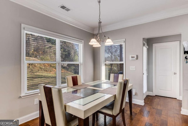 3475 Summerlin Pkwy, Lithia Springs, GA 30122 - dining space featuring baseboards, dark wood-style flooring, visible vents, and a notable chandelier