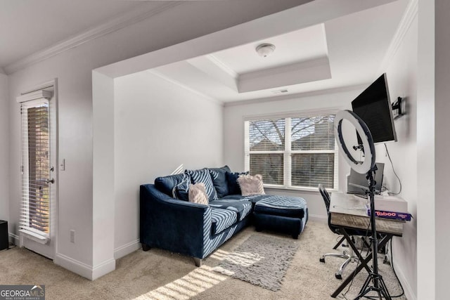 3475 Summerlin Pkwy, Lithia Springs, GA 30122 - carpeted living room featuring baseboards, visible vents, crown molding, and a raised ceiling