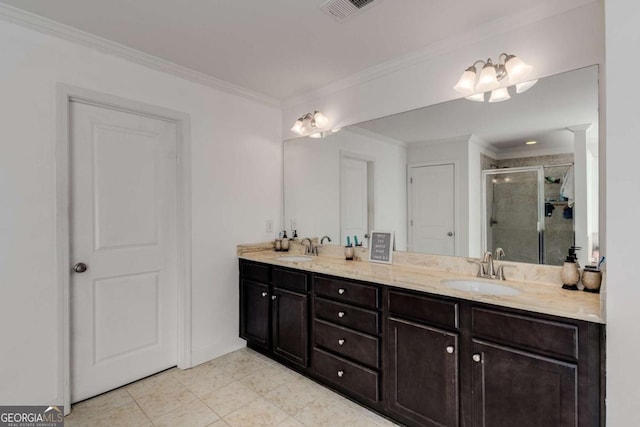3475 Summerlin Pkwy, Lithia Springs, GA 30122 - bathroom with crown molding, a shower stall, a sink, visible vents, and double vanity