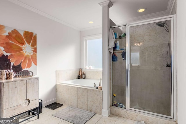3475 Summerlin Pkwy, Lithia Springs, GA 30122 - bathroom with tile patterned floors, crown molding, and a stall shower