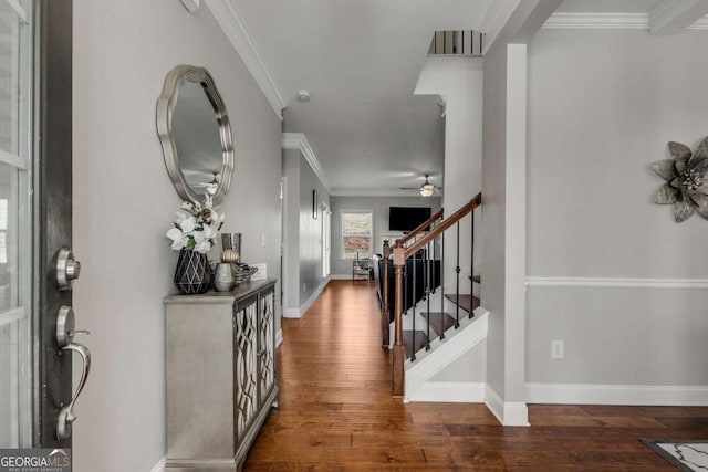 3475 Summerlin Pkwy, Lithia Springs, GA 30122 - foyer entrance featuring baseboards, ornamental molding, ceiling fan, and hardwood / wood-style flooring