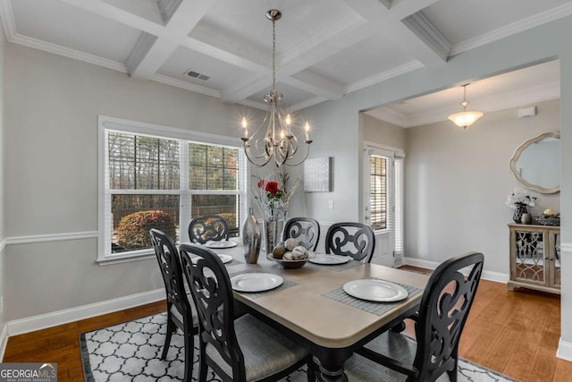 3475 Summerlin Pkwy, Lithia Springs, GA 30122 - dining area featuring coffered ceiling, visible vents, hardwood / wood-style flooring, and an inviting chandelier