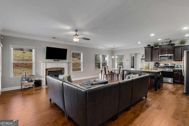 3475 Summerlin Pkwy, Lithia Springs, GA 30122 - living area with dark wood finished floors, ornamental molding, a premium fireplace, and ceiling fan