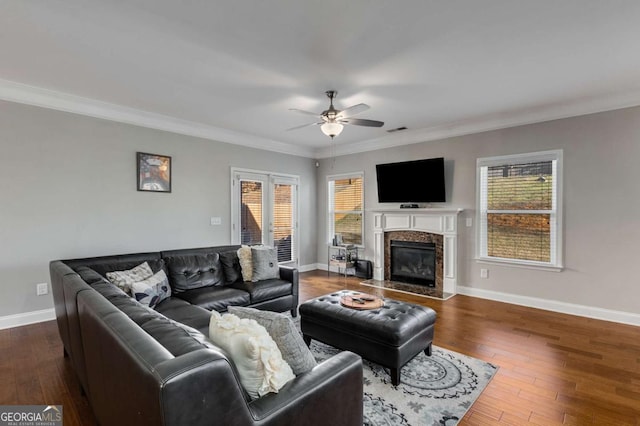 3475 Summerlin Pkwy, Lithia Springs, GA 30122 - living area with hardwood / wood-style floors, a ceiling fan, baseboards, and visible vents