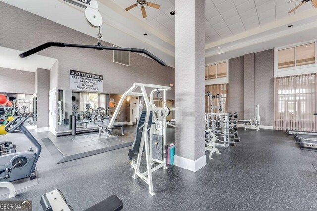 3820 Roswell Rd NE Unit 902, Atlanta, GA 30342 - exercise room with a high ceiling, baseboards, and ceiling fan