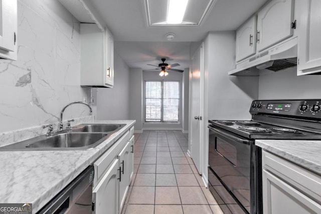 kitchen with black electric range oven, light countertops, under cabinet range hood, a sink, and dishwasher