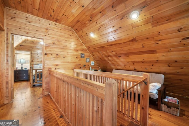 27 Alpine Dr Unit 3625, Ellijay, GA 30540 - hallway with an upstairs landing, wooden ceiling, hardwood / wood-style floors, lofted ceiling, and wood walls