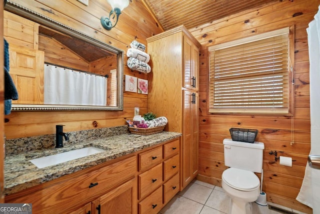 27 Alpine Dr Unit 3625, Ellijay, GA 30540 - full bath featuring wood walls, vanity, tile patterned flooring, vaulted ceiling, and curtained shower