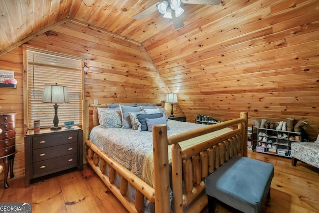 27 Alpine Dr Unit 3625, Ellijay, GA 30540 - bedroom with vaulted ceiling, wooden walls, wooden ceiling, wood-type flooring, and a ceiling fan