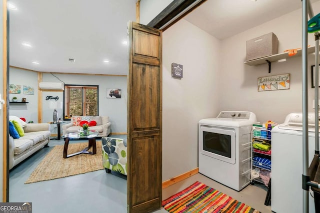 27 Alpine Dr Unit 3625, Ellijay, GA 30540 - laundry room featuring washer and dryer, a wall unit AC, and recessed lighting