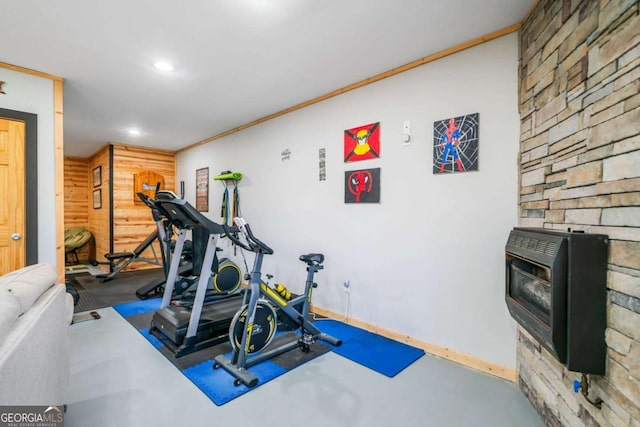 27 Alpine Dr Unit 3625, Ellijay, GA 30540 - exercise room with a wood stove, heating unit, and recessed lighting