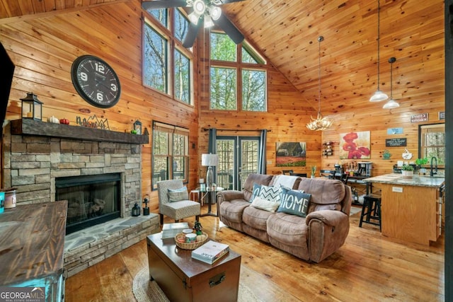 27 Alpine Dr Unit 3625, Ellijay, GA 30540 - living room with high vaulted ceiling, wood walls, plenty of natural light, ceiling fan, and wood ceiling