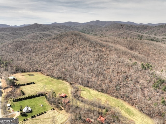drone / aerial view featuring a mountain view
