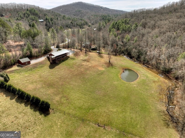 drone / aerial view featuring a mountain view and a forest view