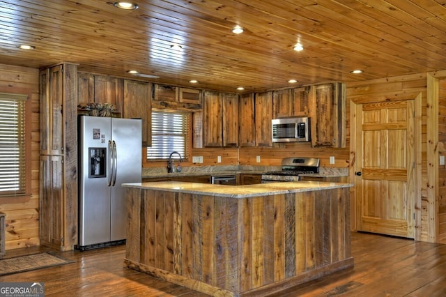 kitchen featuring stainless steel appliances, dark wood-type flooring, wood ceiling, and brown cabinets