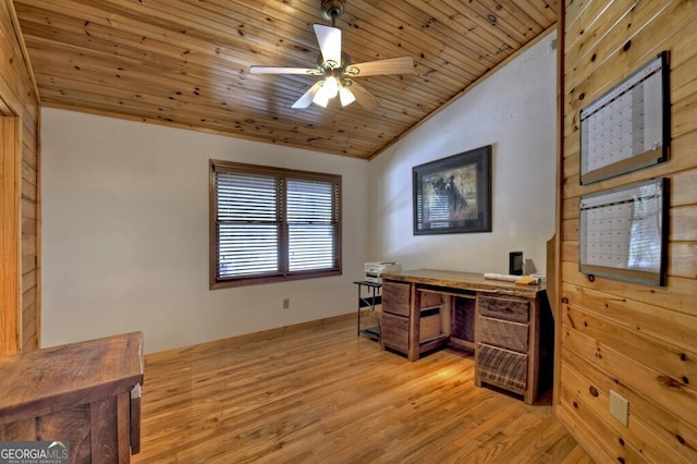home office with light wood-type flooring, a ceiling fan, vaulted ceiling, wood ceiling, and baseboards