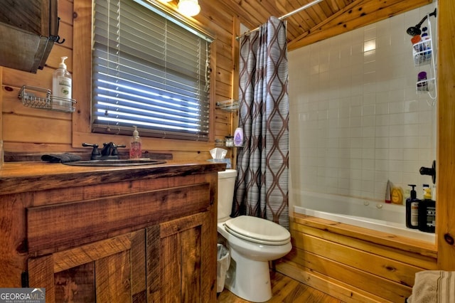 full bath with vanity, vaulted ceiling, toilet, wood finished floors, and wooden ceiling