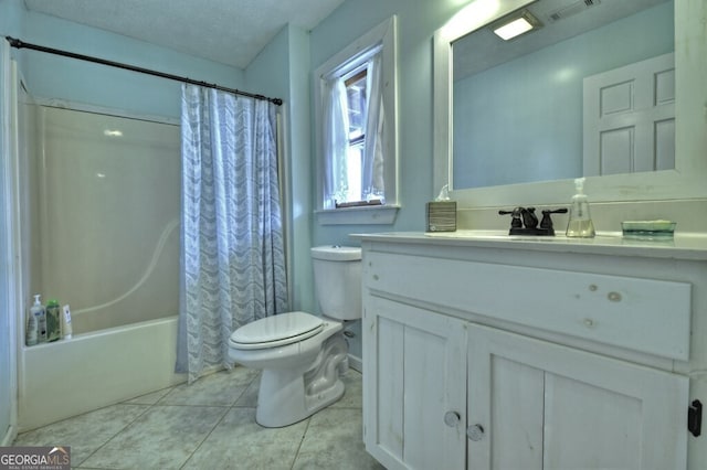 full bath with shower / bathtub combination with curtain, vanity, tile patterned flooring, visible vents, and toilet