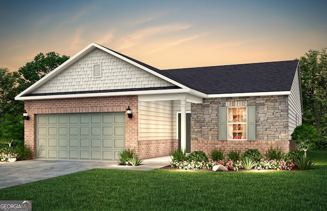 single story home featuring brick siding, a garage, concrete driveway, and a front yard