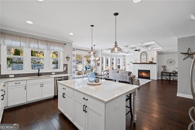 kitchen featuring light countertops, stainless steel dishwasher, a sink, dark wood-style floors, and a fireplace