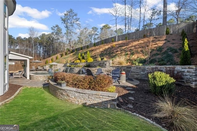 view of yard with a fenced backyard, a patio area, and a fenced in pool