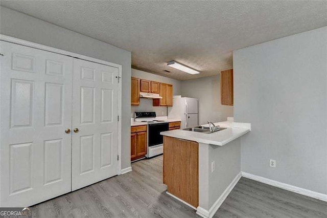 2892 Norfair Loop NE, Lithonia, GA 30038 - kitchen with light wood-type flooring, under cabinet range hood, electric range oven, freestanding refrigerator, and a peninsula