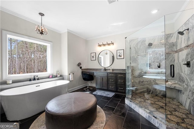 bathroom with a soaking tub, crown molding, vanity, and a marble finish shower
