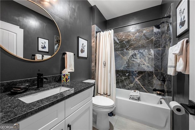 bathroom with shower / bath combo, toilet, vanity, and tile patterned flooring