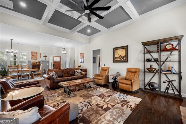 living room with coffered ceiling, wood finished floors, visible vents, baseboards, and ceiling fan with notable chandelier