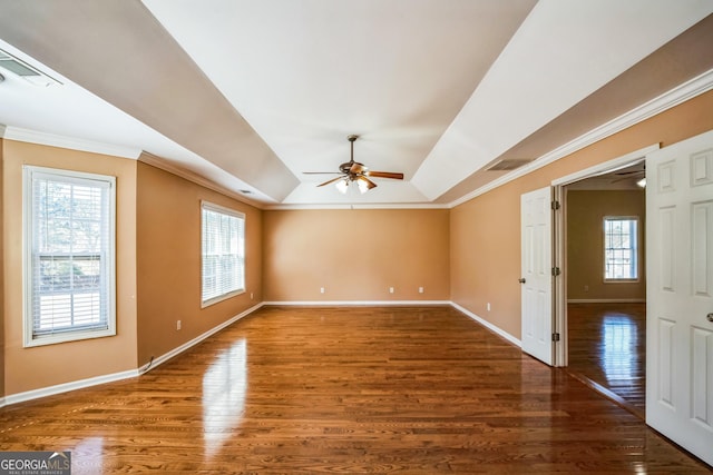 spare room featuring wood finished floors, a raised ceiling, ornamental molding, and a ceiling fan