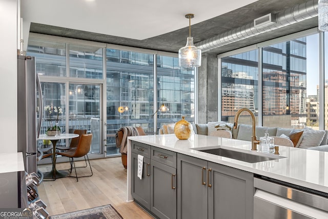 interior space featuring gray cabinets, appliances with stainless steel finishes, a wall of windows, a sink, and light wood-type flooring