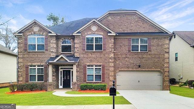 view of front of property with concrete driveway, an attached garage, a front yard, and brick siding