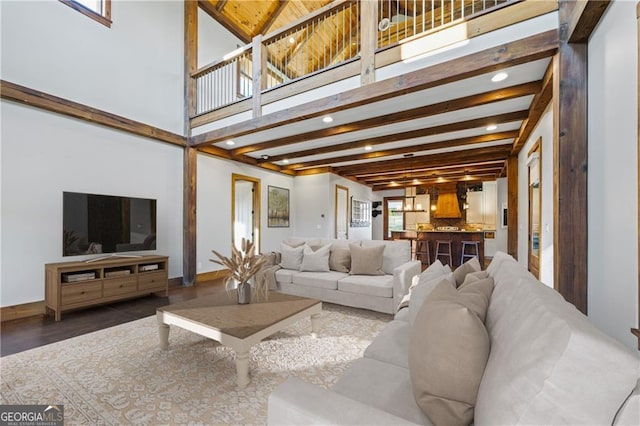 1759 Moccasin Gap Rd, Lula, GA 30554 - living room featuring baseboards, recessed lighting, wood finished floors, and beam ceiling