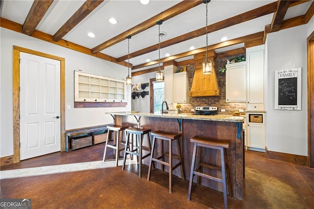 1759 Moccasin Gap Rd, Lula, GA 30554 - kitchen featuring beamed ceiling, recessed lighting, backsplash, stainless steel electric stove, and a kitchen breakfast bar
