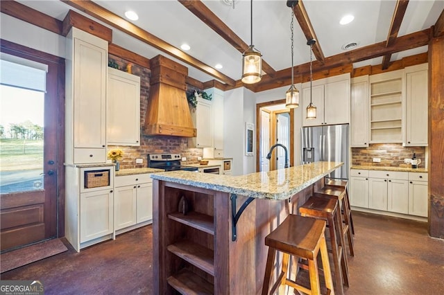 1759 Moccasin Gap Rd, Lula, GA 30554 - kitchen with appliances with stainless steel finishes, open shelves, finished concrete flooring, custom range hood, and recessed lighting