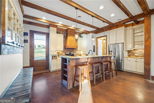1759 Moccasin Gap Rd, Lula, GA 30554 - kitchen featuring stainless steel appliances, open shelves, beam ceiling, recessed lighting, and backsplash