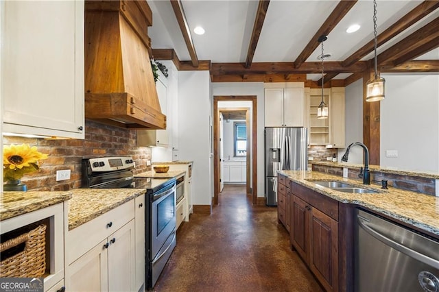 1759 Moccasin Gap Rd, Lula, GA 30554 - kitchen featuring stainless steel appliances, premium range hood, a sink, beamed ceiling, and finished concrete floors