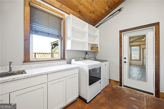 1759 Moccasin Gap Rd, Lula, GA 30554 - washroom featuring washing machine and dryer, cabinet space, and wooden ceiling