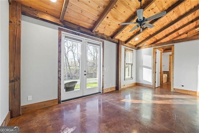 1759 Moccasin Gap Rd, Lula, GA 30554 - empty room with french doors, wood ceiling, finished concrete floors, baseboards, and ceiling fan