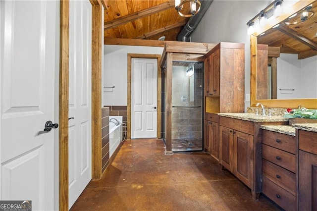 1759 Moccasin Gap Rd, Lula, GA 30554 - bathroom with wooden ceiling, concrete floors, a bath, and vanity